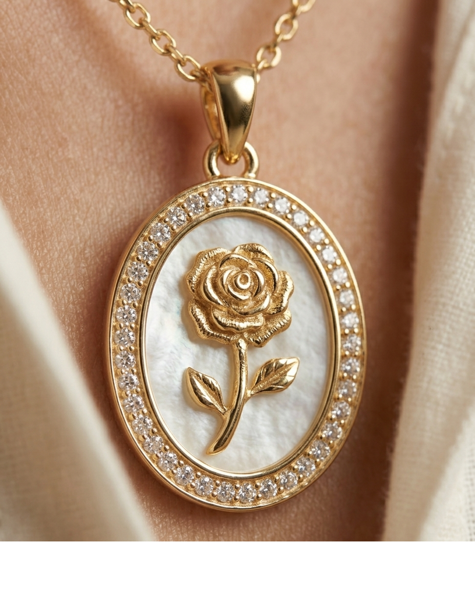 Rose Mother of Pearl Oval Pendant Necklace