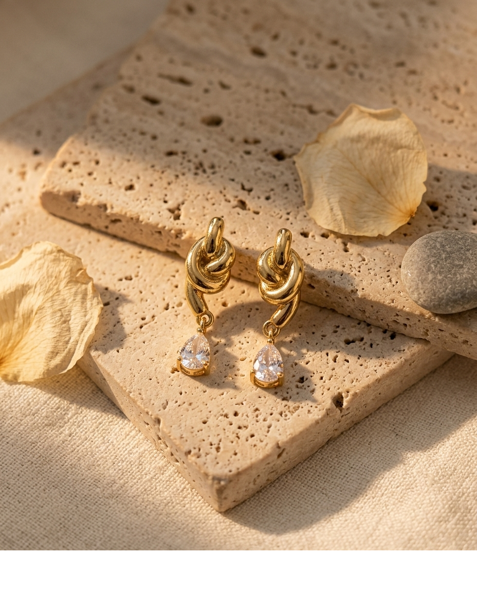 Gold Knot Drop Earrings with Crystal Teardrop for Women