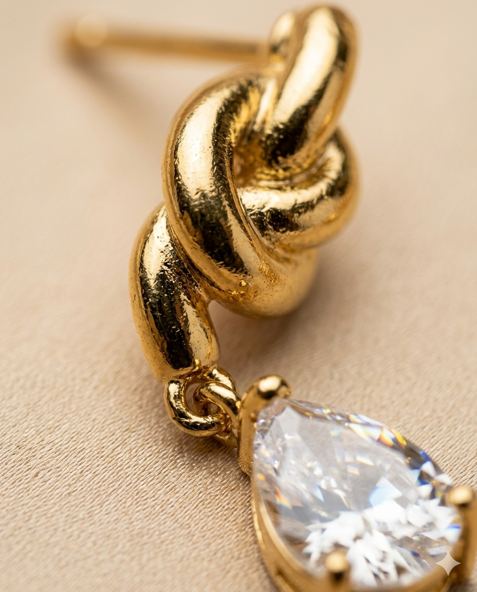 Gold Knot Drop Earrings with Crystal Teardrop for Women