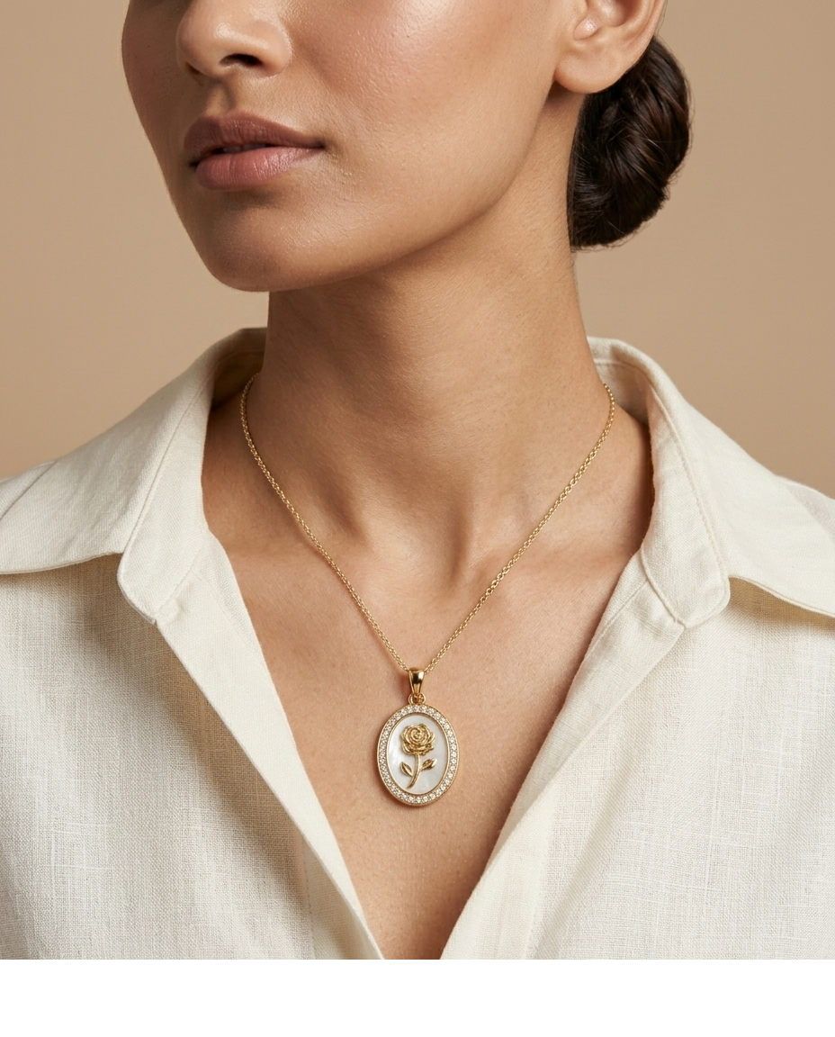 Rose Mother of Pearl Oval Pendant Necklace