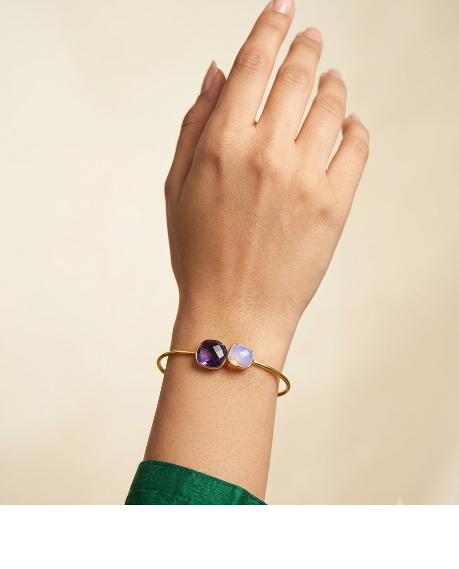 Purple & Pink Stone Gold Open Cuff Bangle for Women