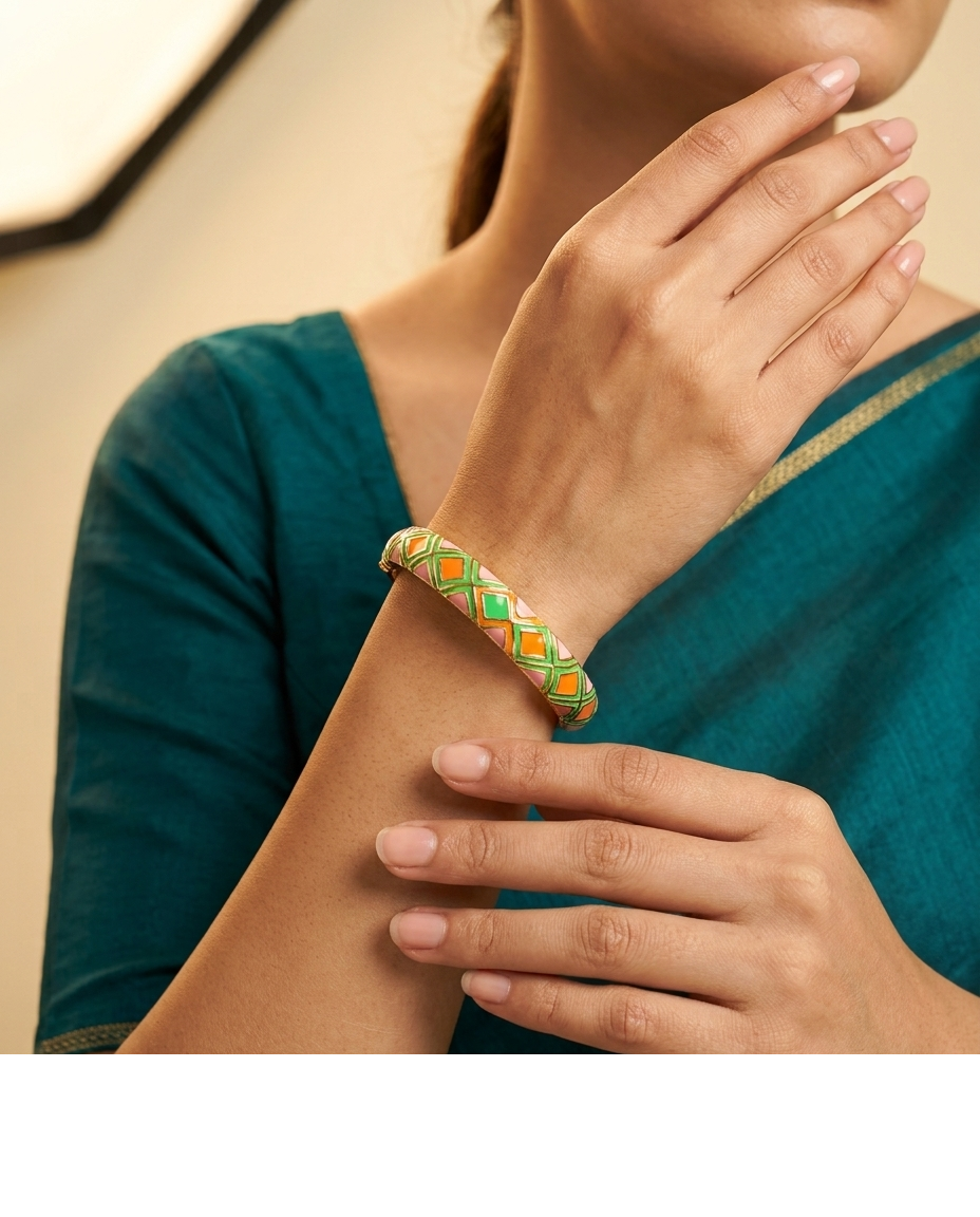 Green & Orange Geometric Enamel Gold-Tone Bangle for Women