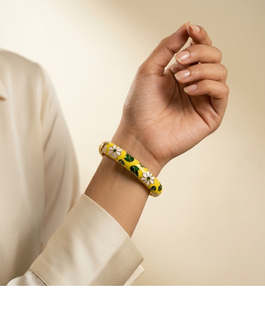 Gold-Tone Yellow Floral Enamel Designer Bangle for Women