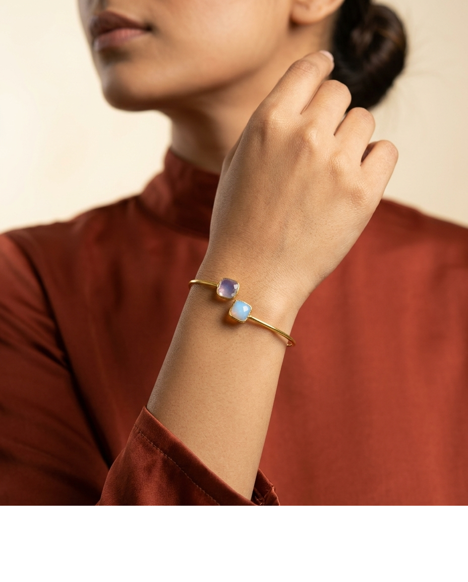 Pastel Pink & Blue Stone Gold Open Cuff Bangle for Women