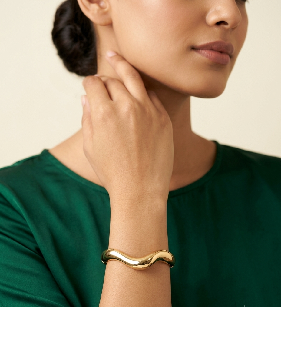 Sculptural Wave Gold Open Cuff Bangle for Women
