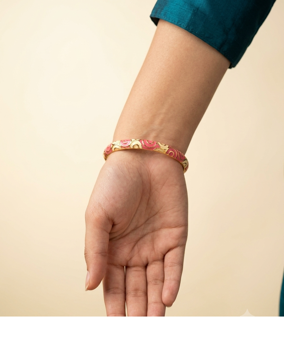 Gold-Tone Pink Enamel Floral Designer Bangle for Women