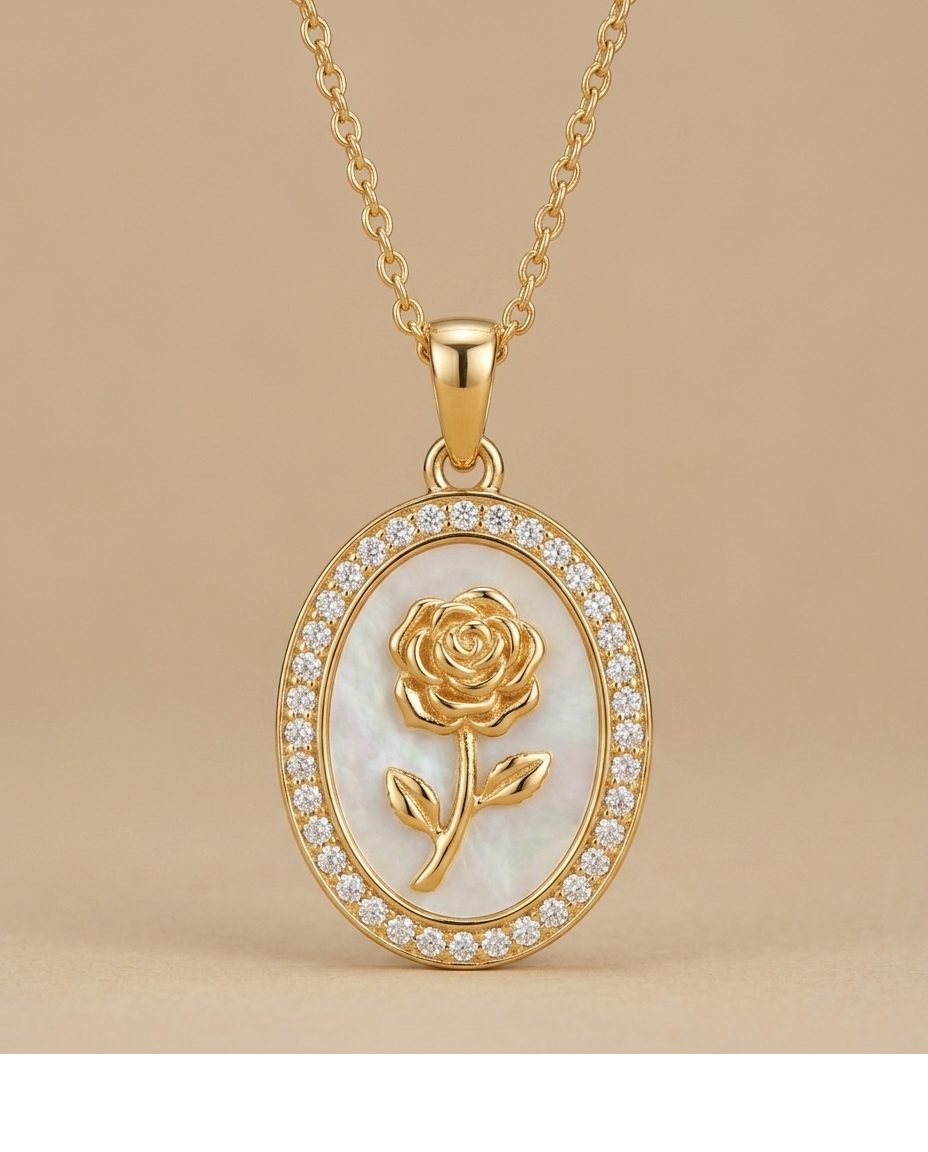 Rose Mother of Pearl Oval Pendant Necklace