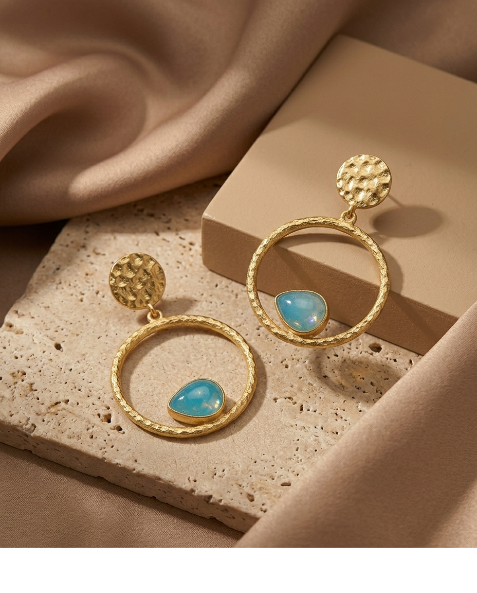 Blue Opal Open Circle Gold Drop Earrings for Women