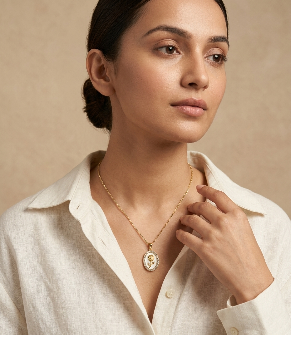 Rose Mother of Pearl Oval Pendant Necklace