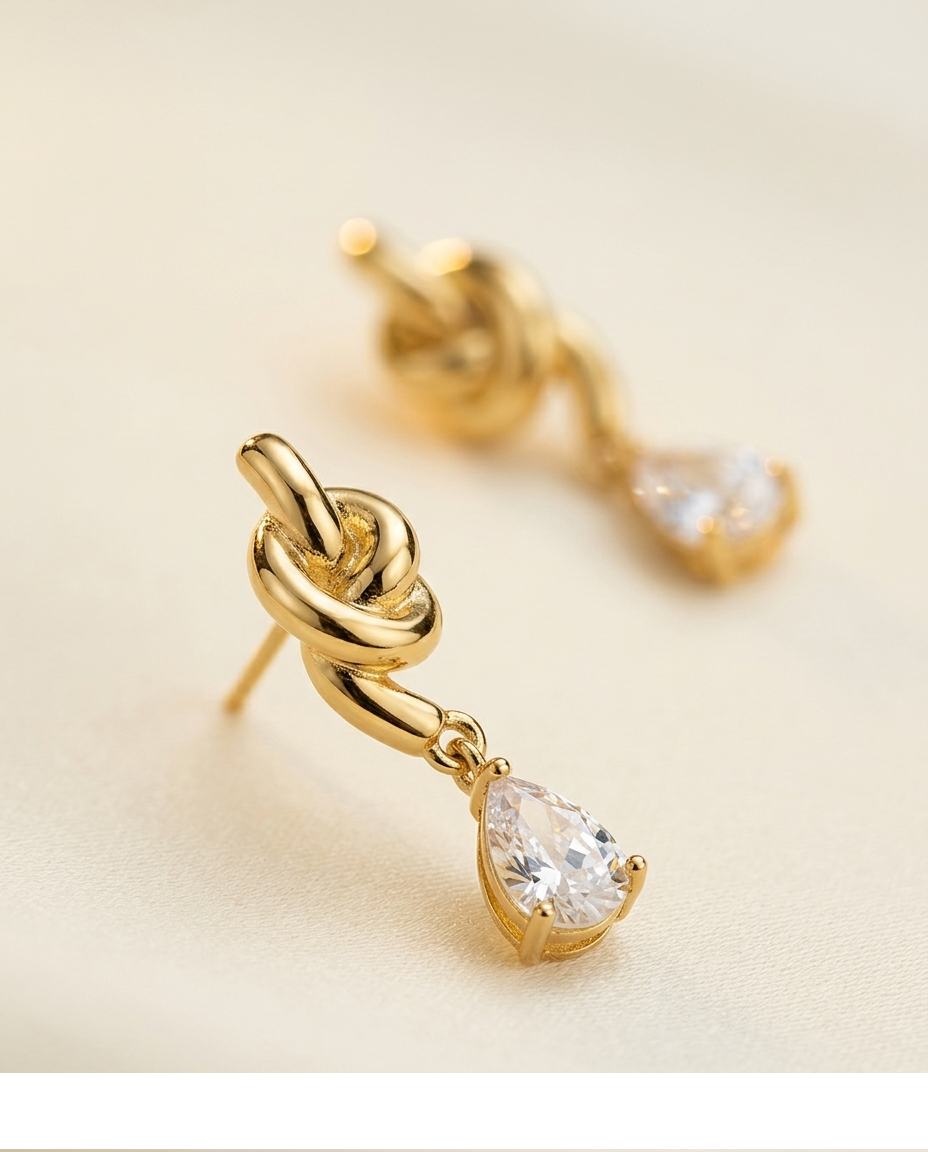 Gold Knot Drop Earrings with Crystal Teardrop for Women