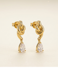 Gold Knot Drop Earrings with Crystal Teardrop for Women