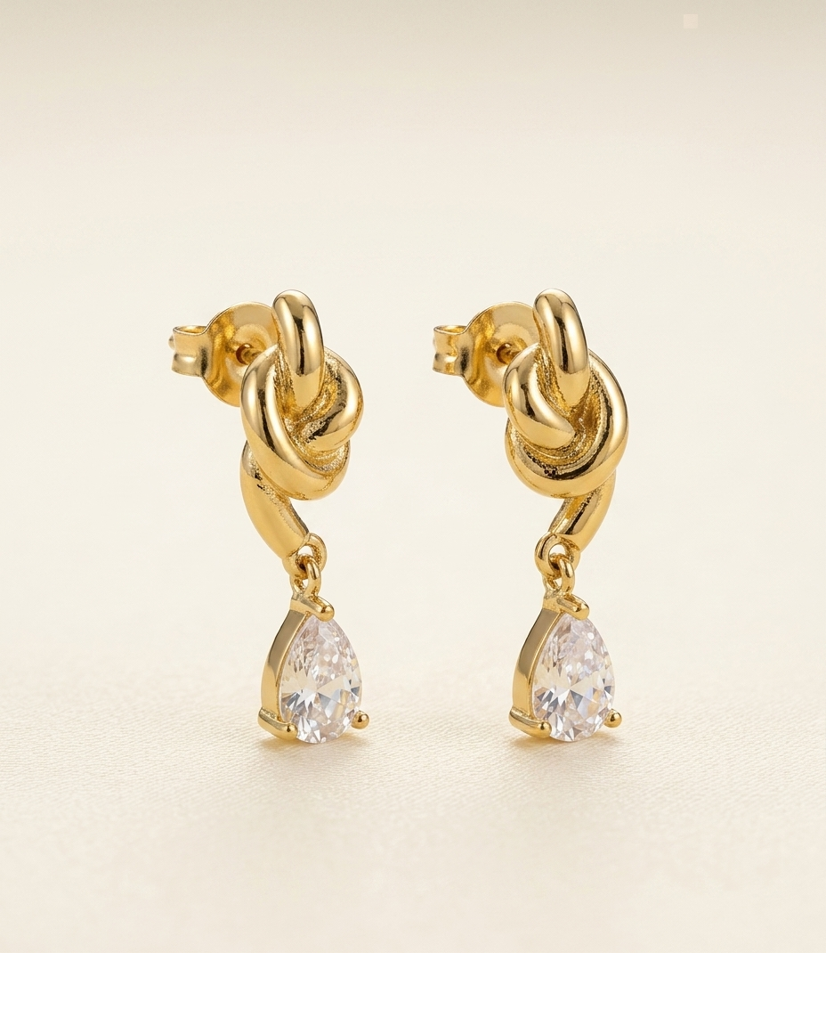 Gold Knot Drop Earrings with Crystal Teardrop for Women