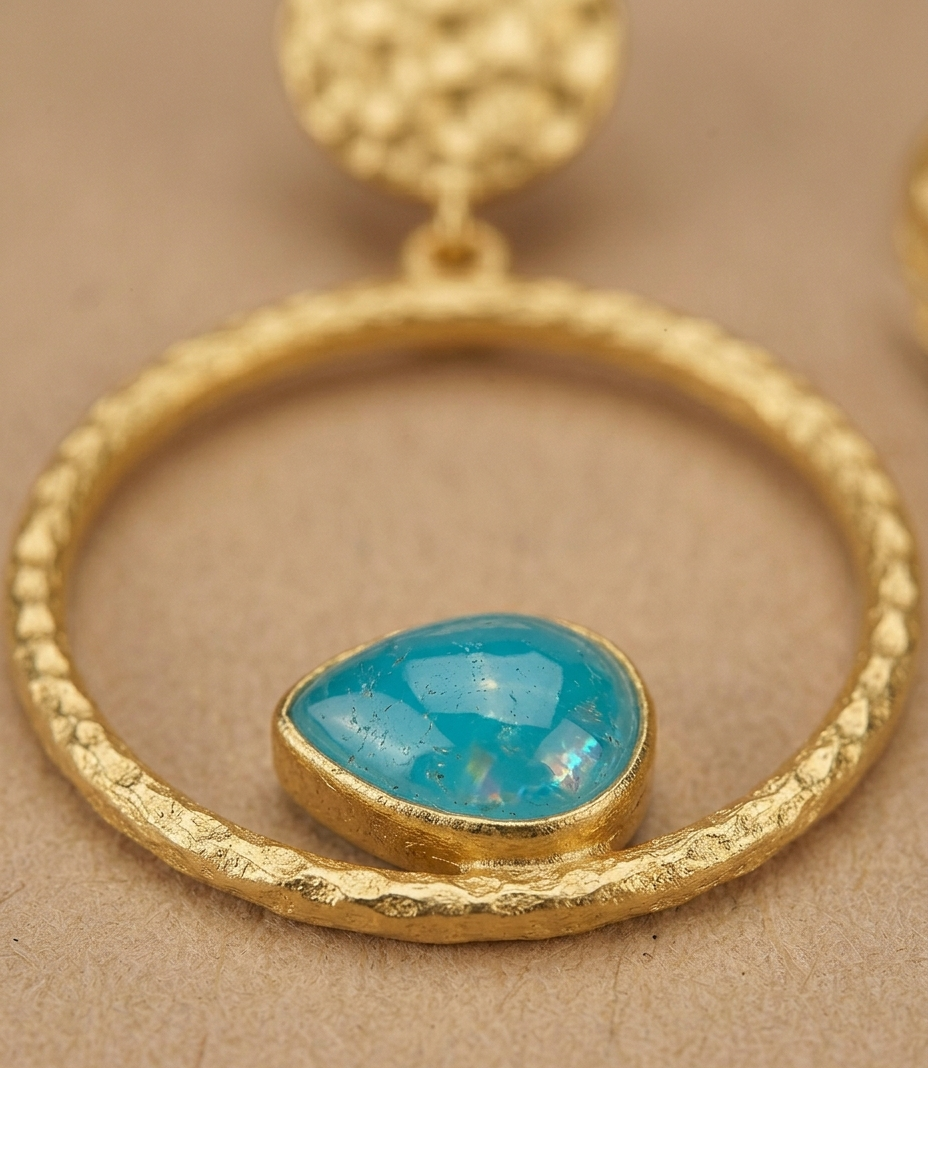 Blue Opal Open Circle Gold Drop Earrings for Women