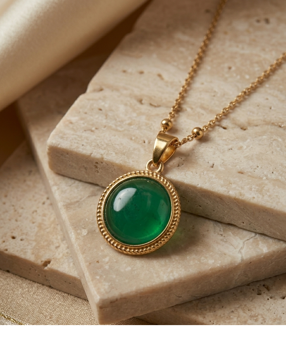 Classic Green Cabochon Gold Pendant Necklace for Women