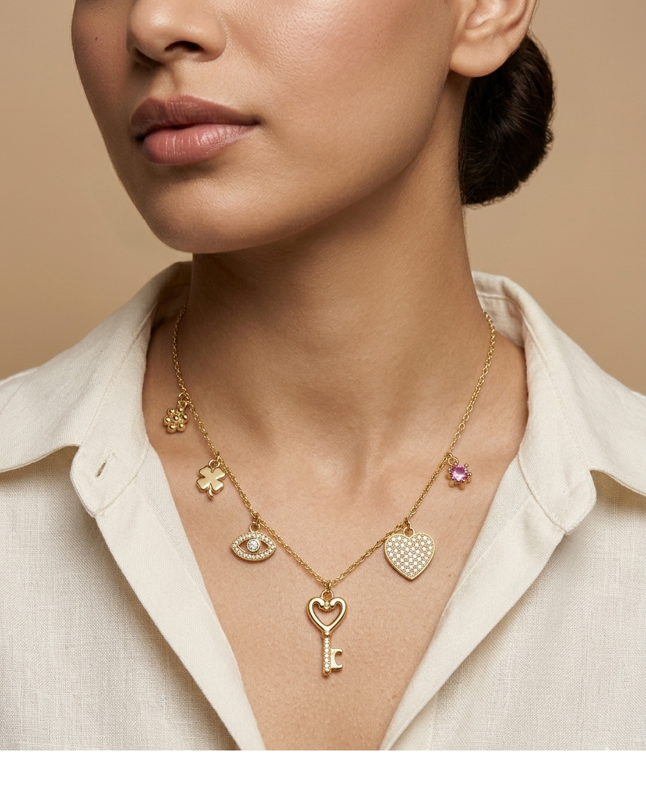 Golden Lucky Charm Heart Key Necklace for Women
