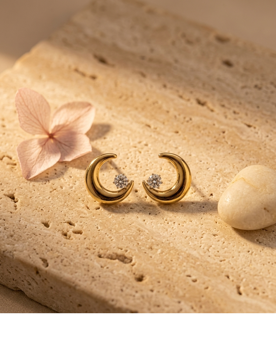 Gold Crescent Moon Crystal Stud Earrings for Women