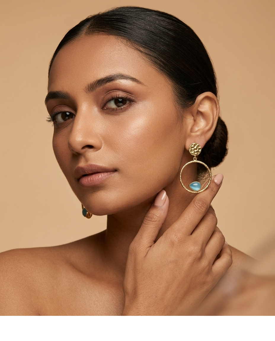 Blue Opal Open Circle Gold Drop Earrings for Women