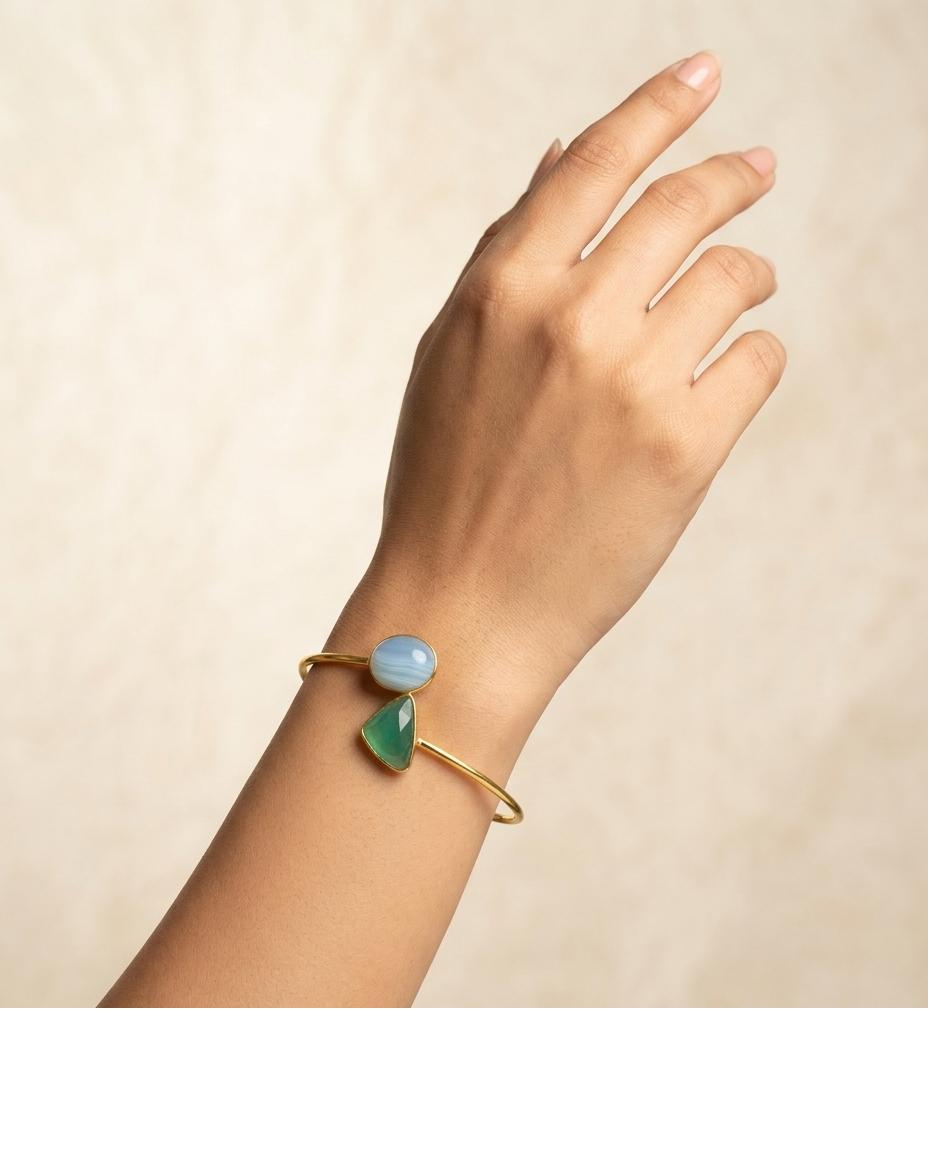 Blue & Green Gemstone Open Cuff Bangle for Women