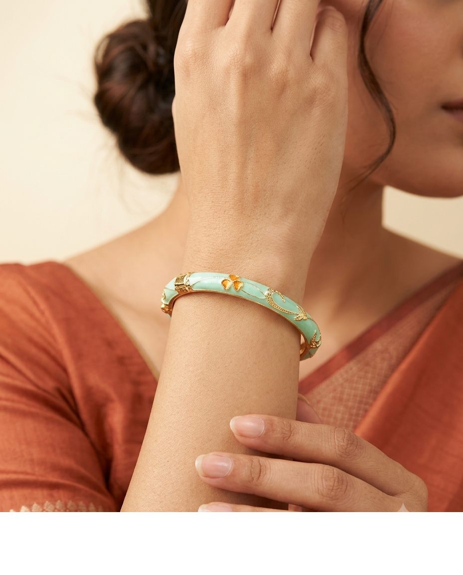 Gold-Tone Turquoise Enamel Floral Designer Bangle for Women