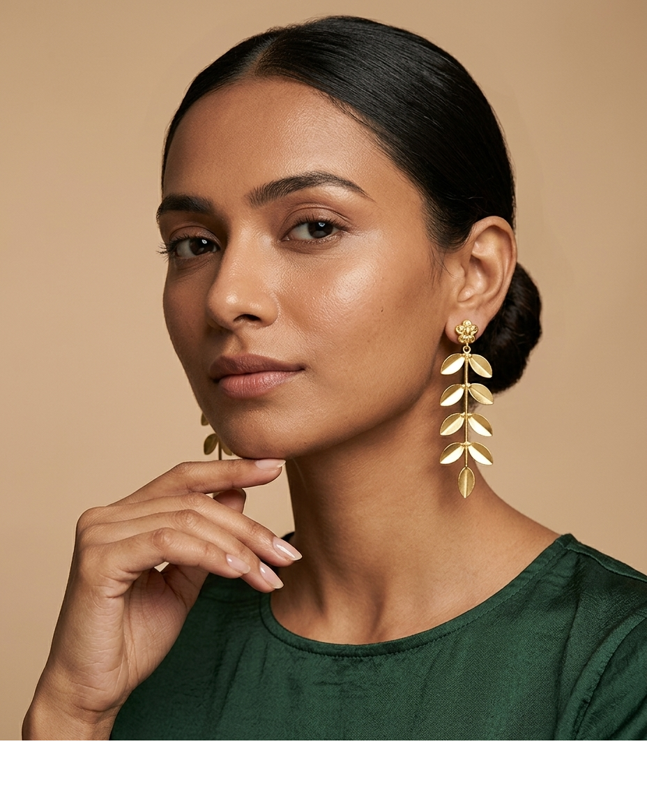 Gold Floral Leaf Branch Drop Earrings for Women