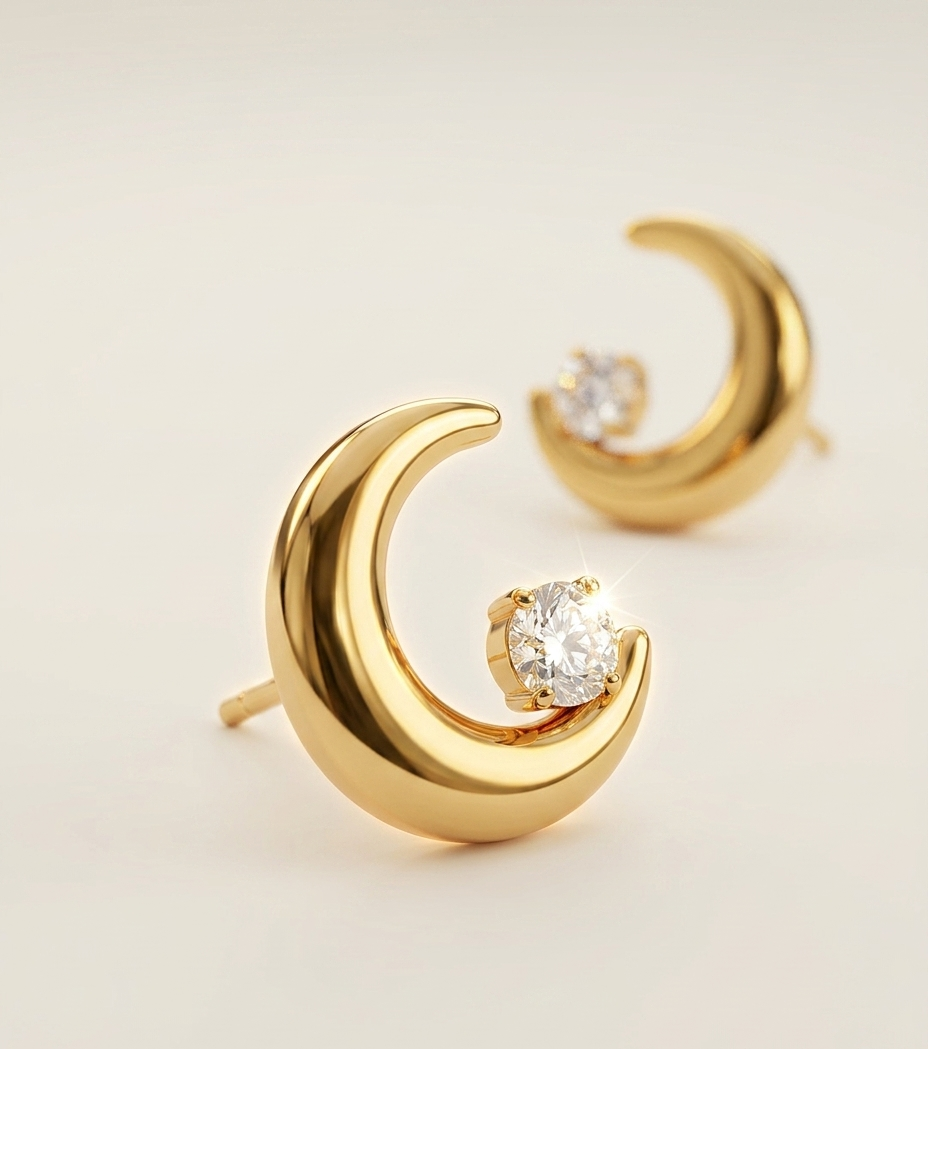 Gold Crescent Moon Crystal Stud Earrings for Women