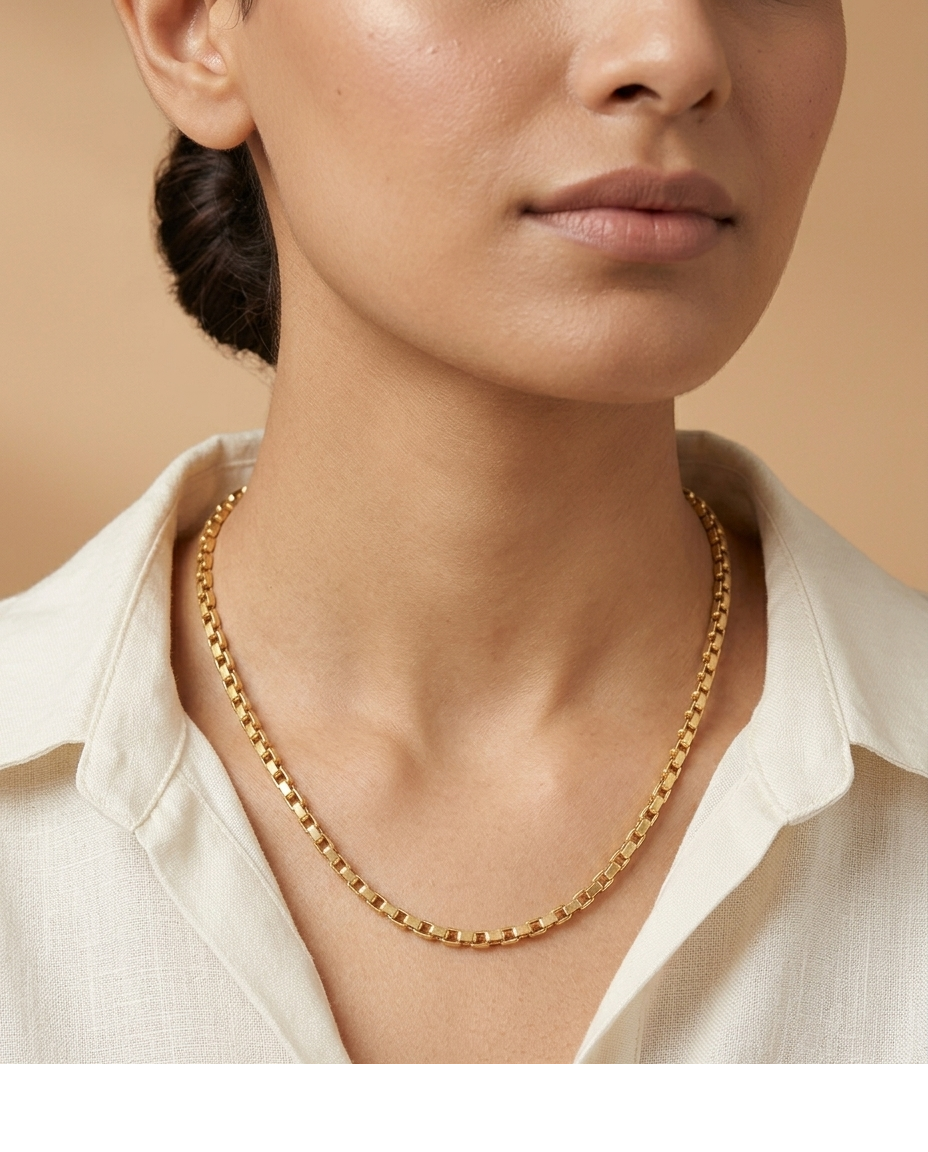 Golden Geometric Box Chain Necklace for Women