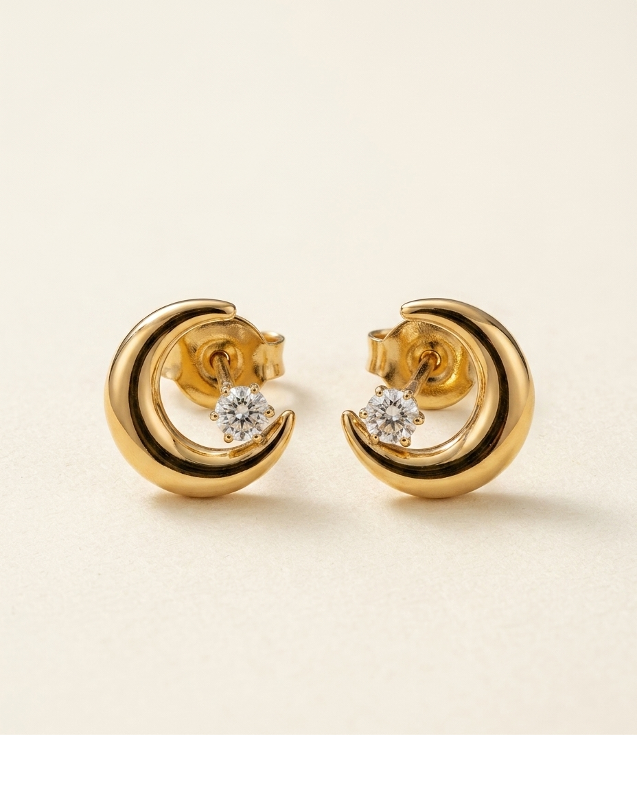 Gold Crescent Moon Crystal Stud Earrings for Women