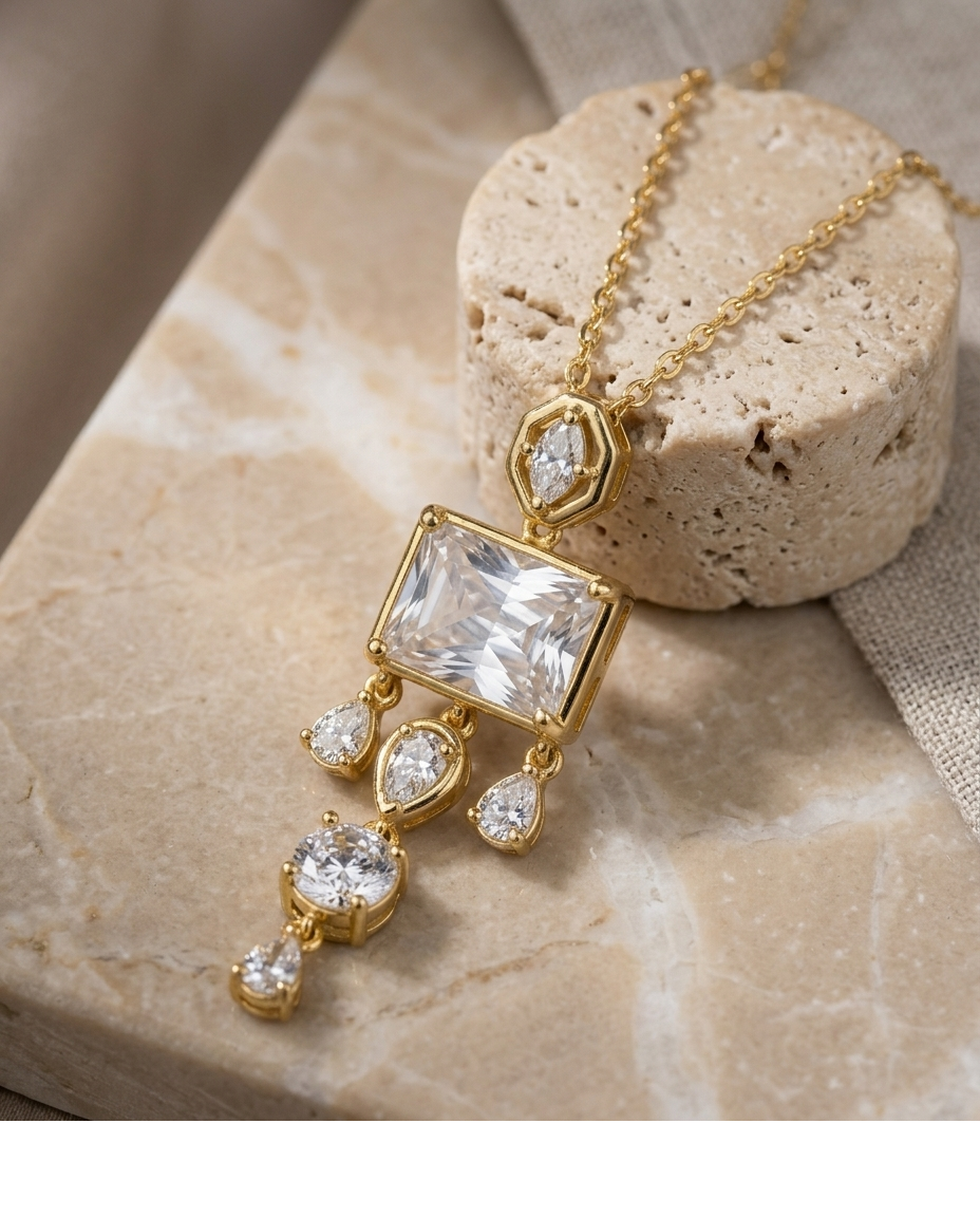 Golden Emerald-Cut Crystal Drop Pendant Necklace for Women