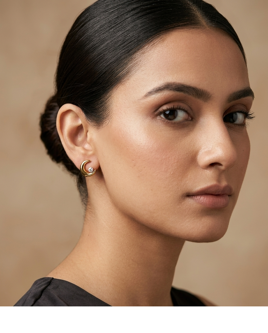 Gold Crescent Moon Crystal Stud Earrings for Women