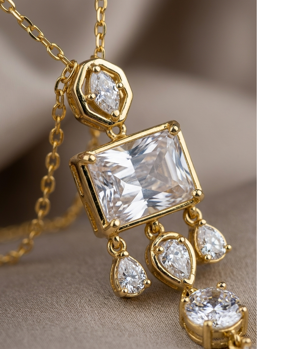 Golden Emerald-Cut Crystal Drop Pendant Necklace for Women
