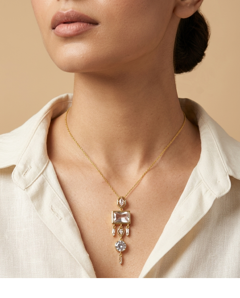 Golden Emerald-Cut Crystal Drop Pendant Necklace for Women