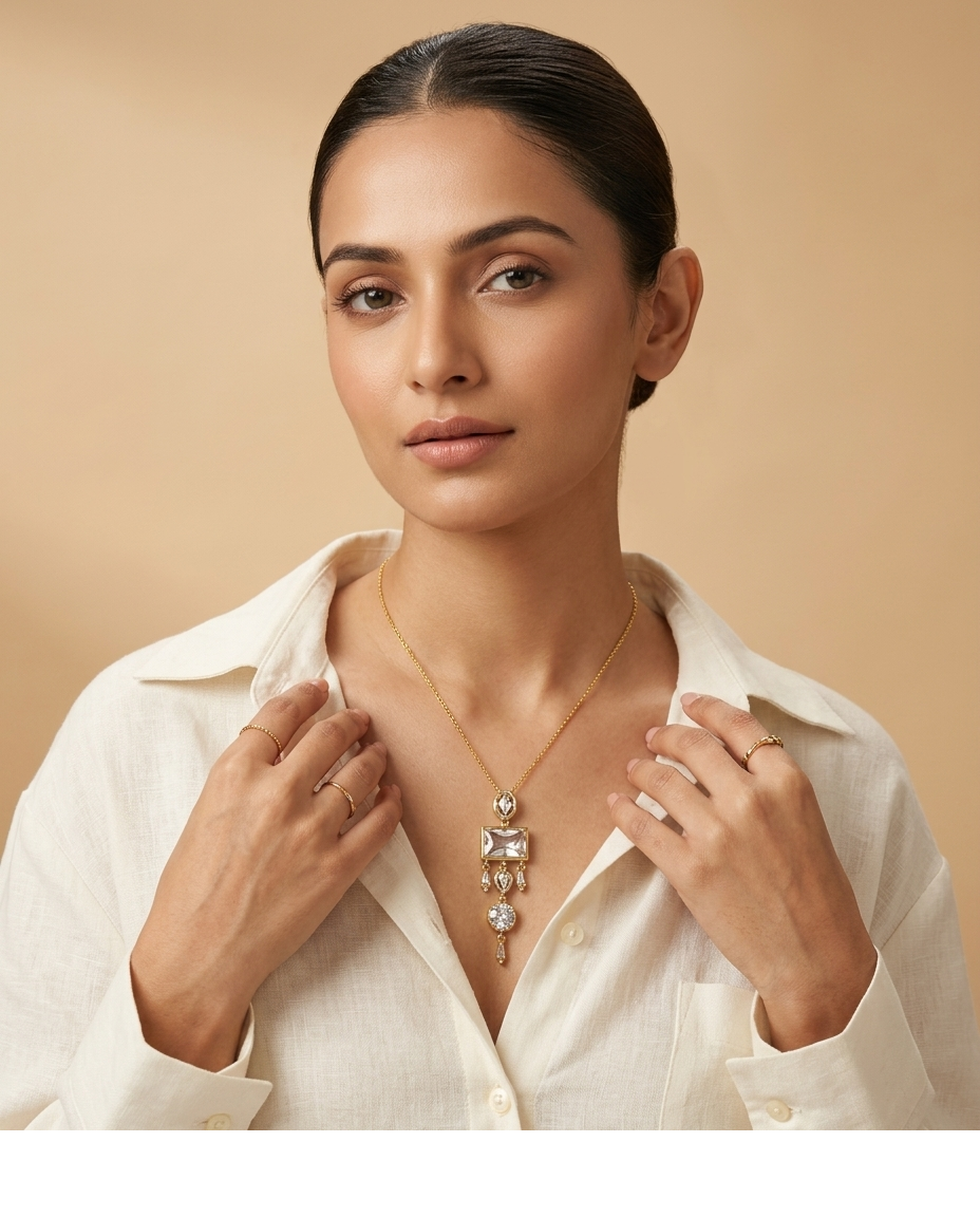 Golden Emerald-Cut Crystal Drop Pendant Necklace for Women