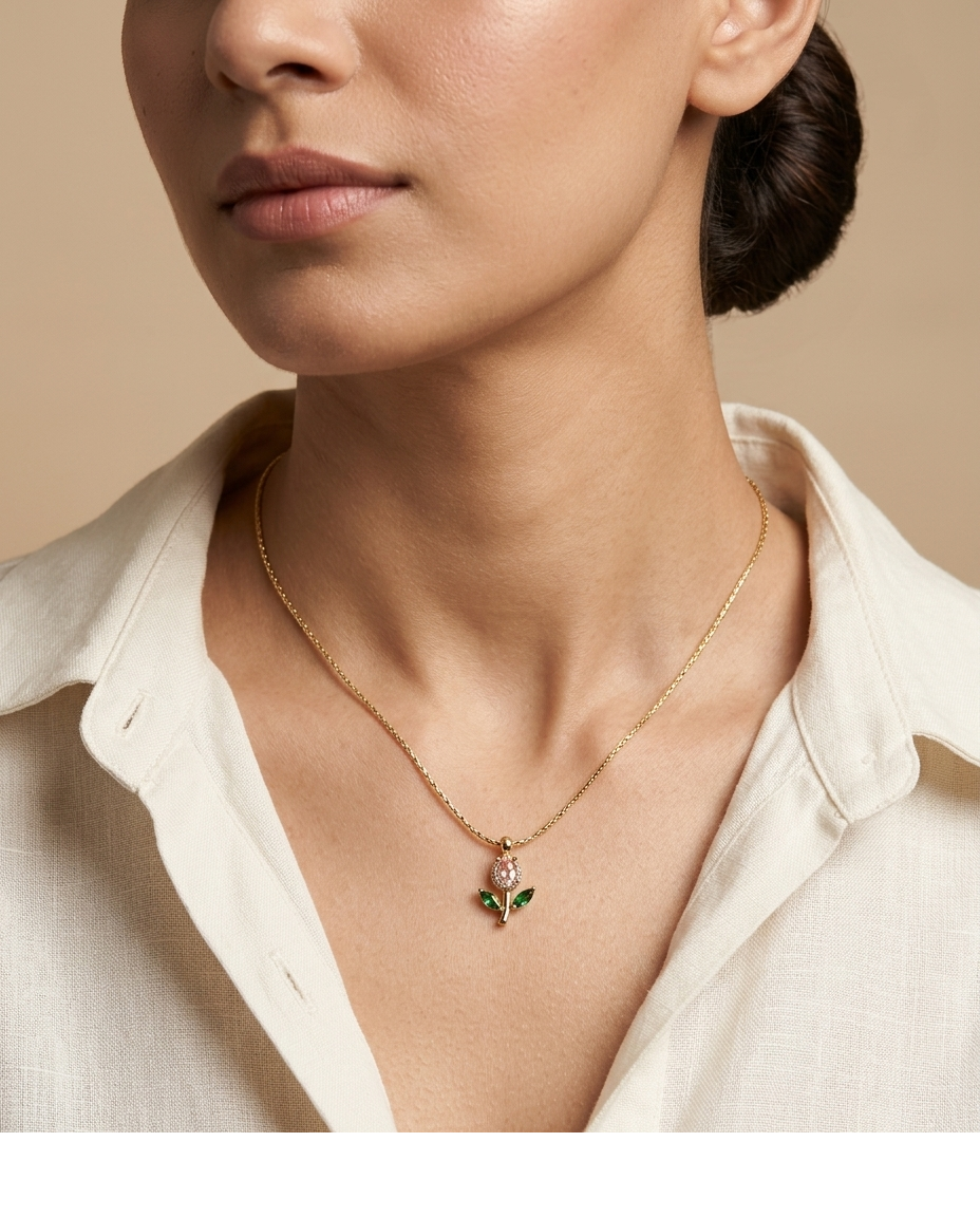 Blooming Pink Flower Crystal Pendant Necklace