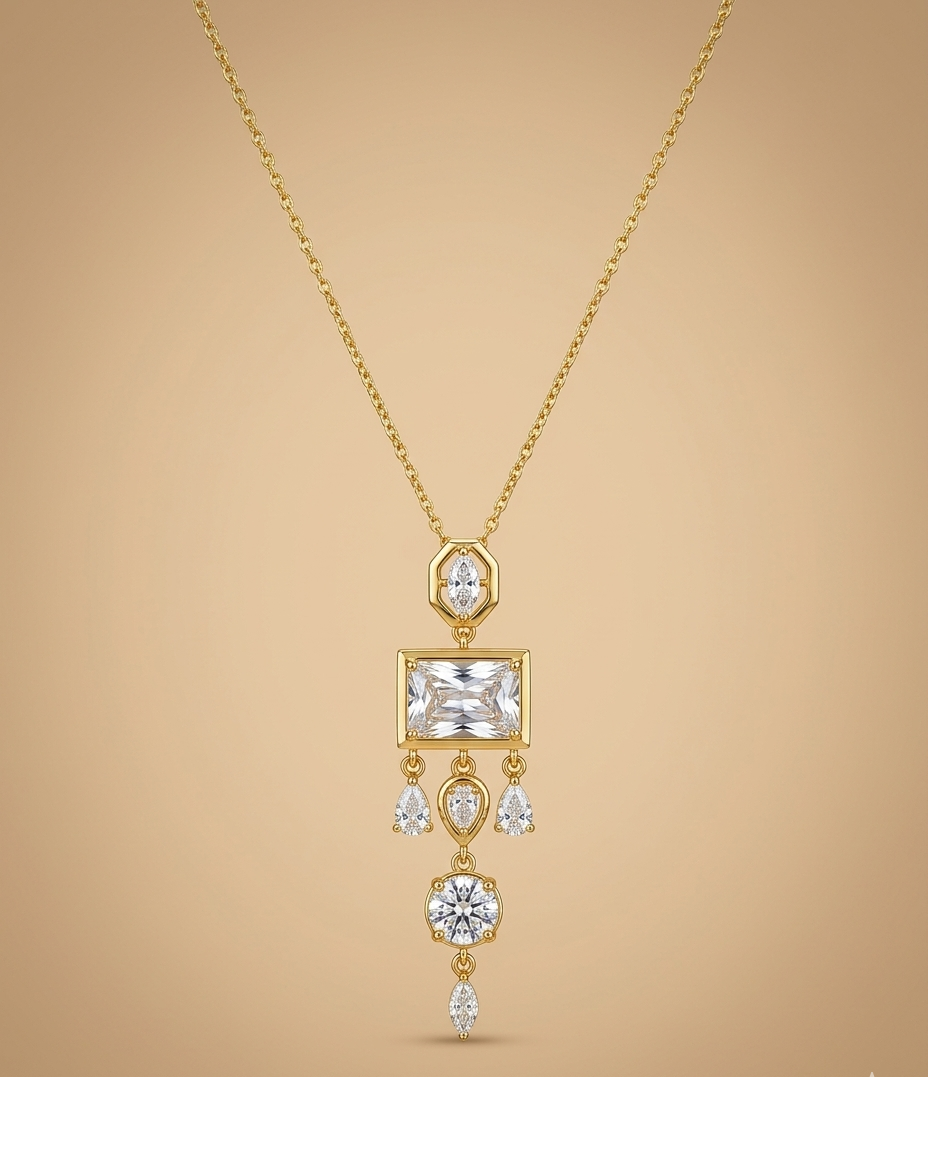 Golden Emerald-Cut Crystal Drop Pendant Necklace for Women