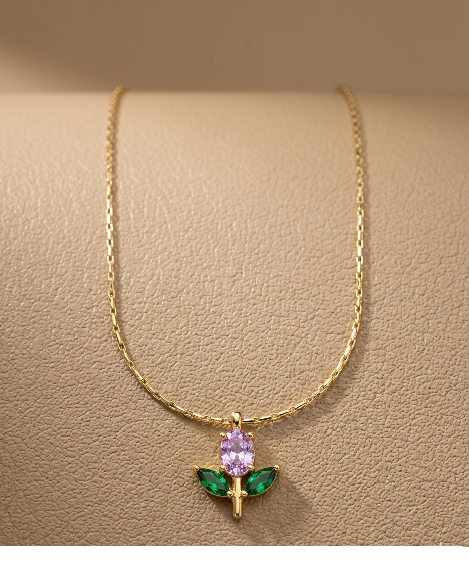 Blooming Pink Flower Crystal Pendant Necklace