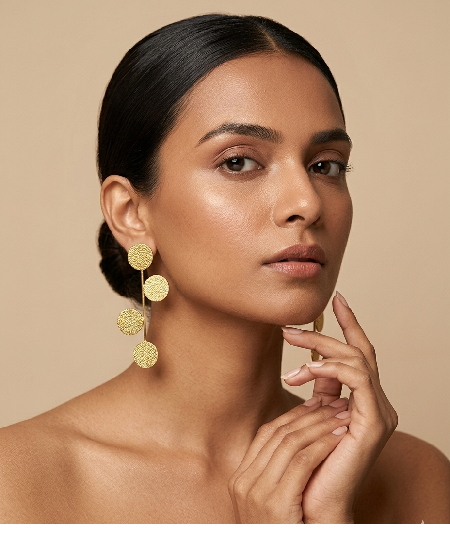 Textured Gold Disc Linear Drop Earrings for Women