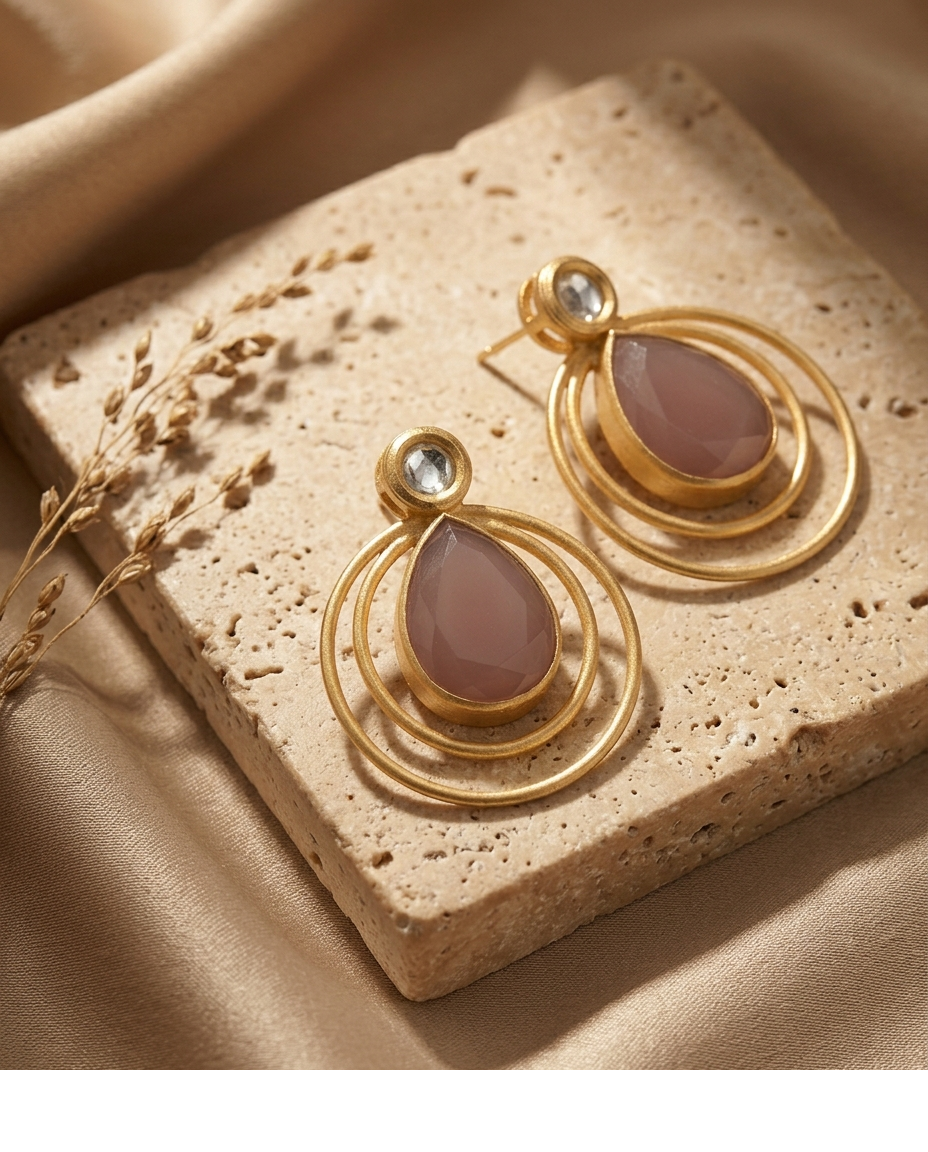 Pink Teardrop Stone Double Circle Gold Earrings for Women
