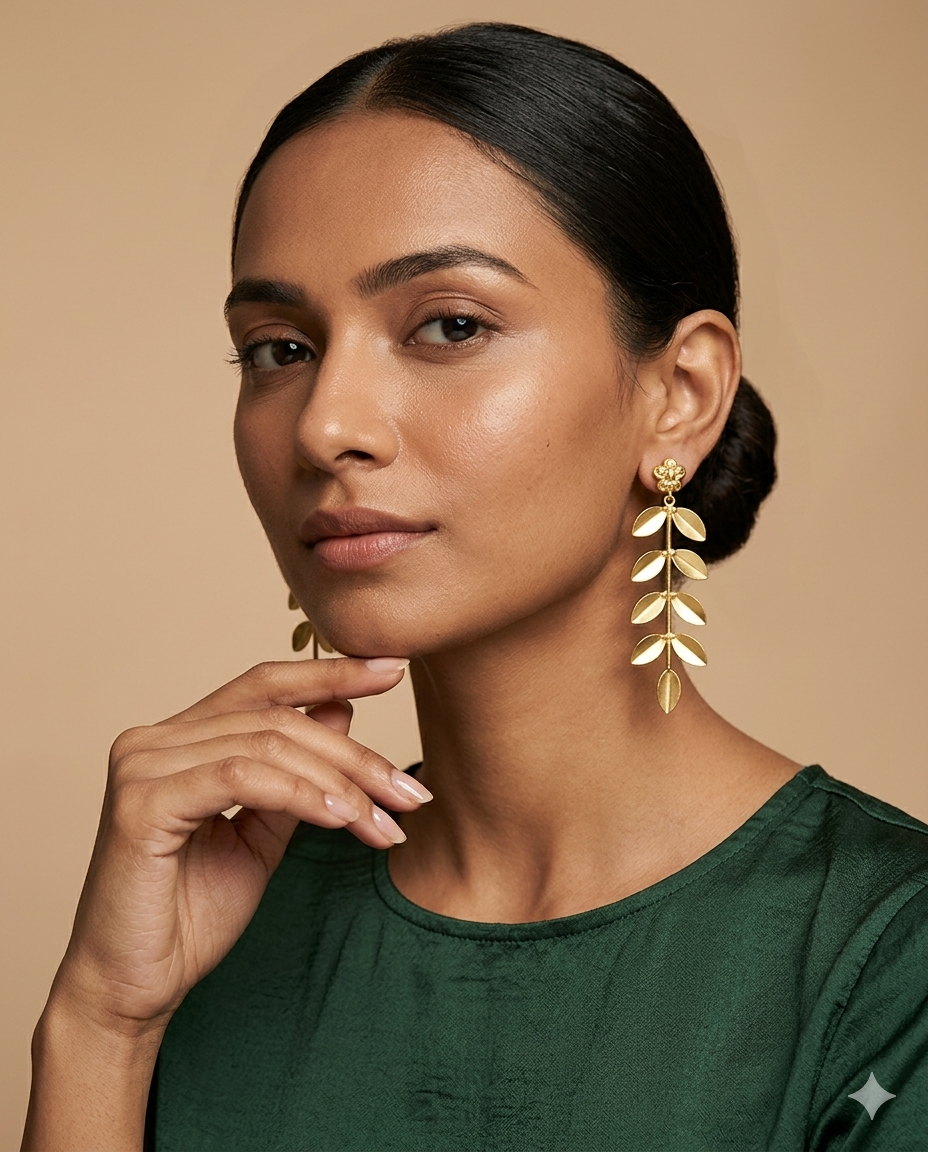 Gold Floral Leaf Branch Drop Earrings for Women