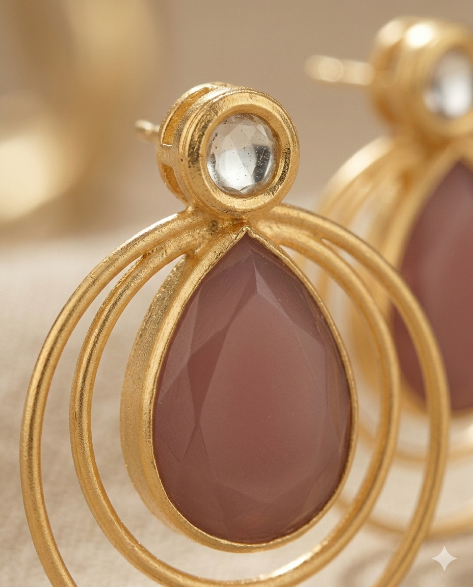 Pink Teardrop Stone Double Circle Gold Earrings for Women