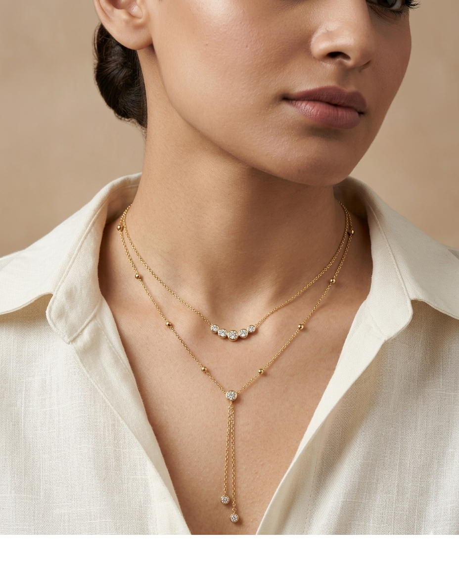 Golden Layered Crystal Drop Necklace for Women