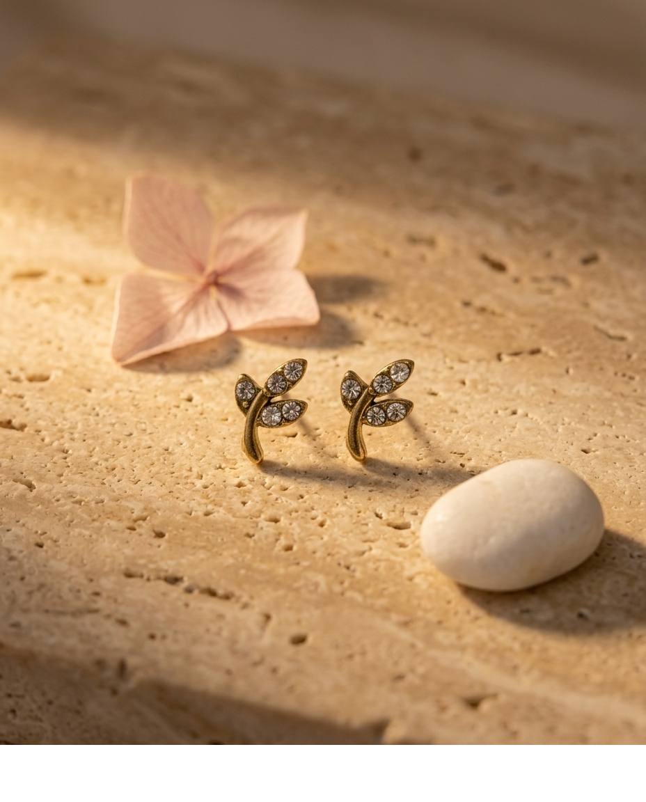 Gold Leaf Crystal Stud Earrings for Women
