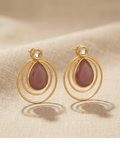 Pink Teardrop Stone Double Circle Gold Earrings for Women