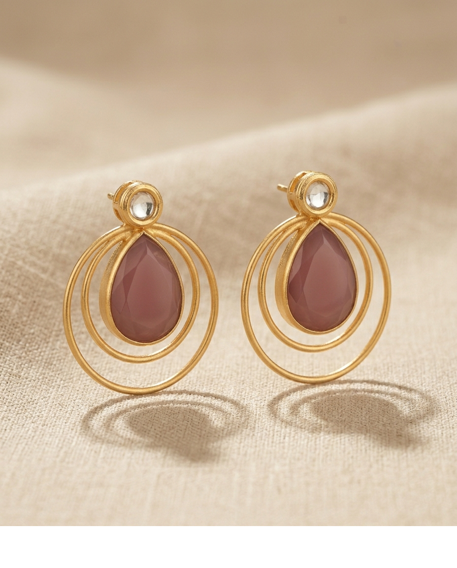 Pink Teardrop Stone Double Circle Gold Earrings for Women