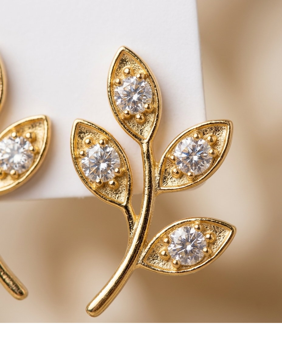 Gold Leaf Crystal Stud Earrings for Women
