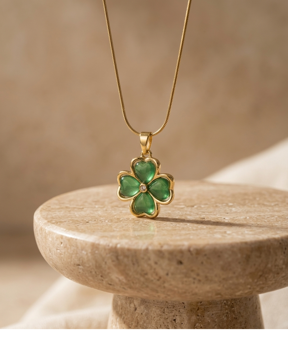 Golden Green Clover Pendant Necklace for Women