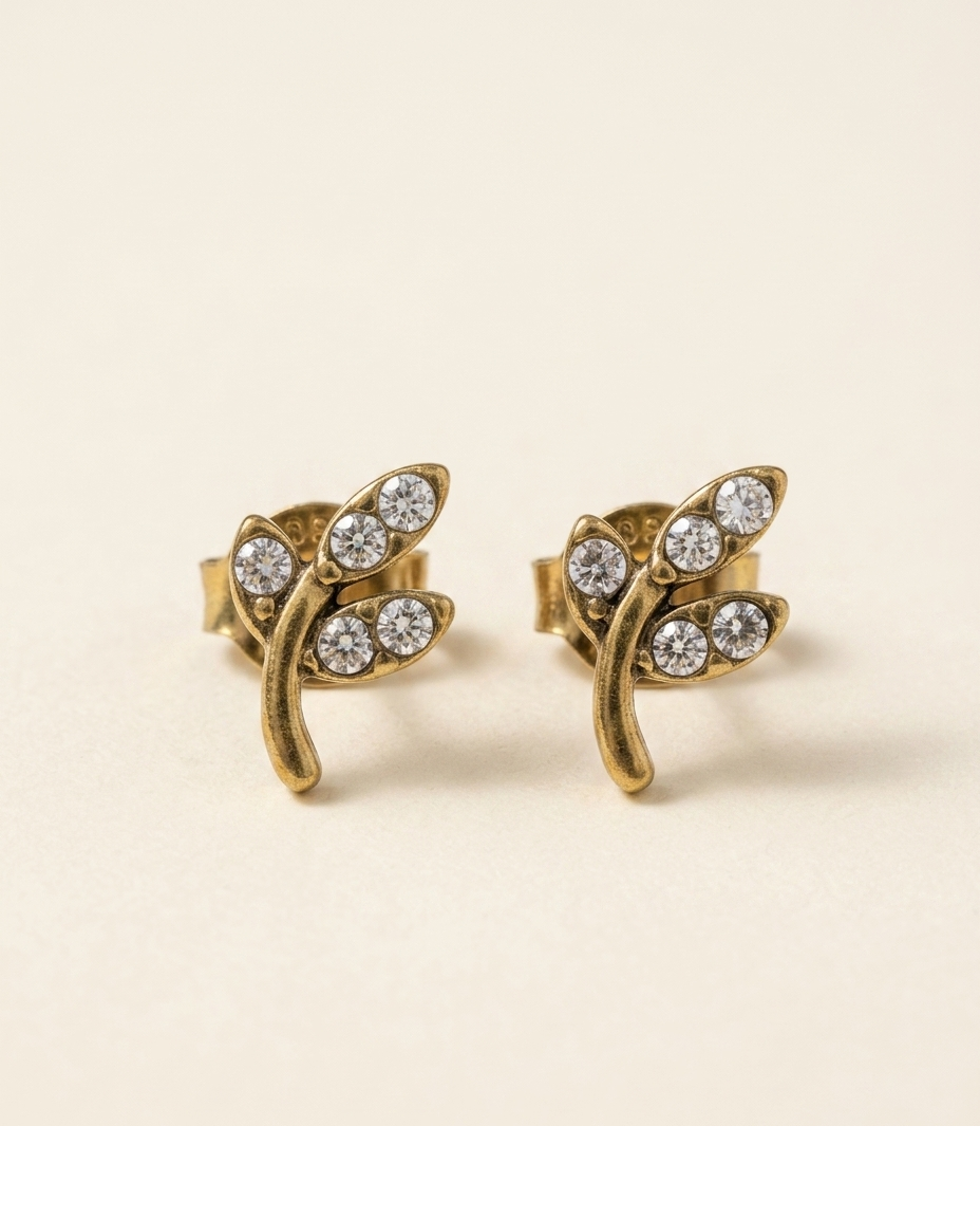 Gold Leaf Crystal Stud Earrings for Women