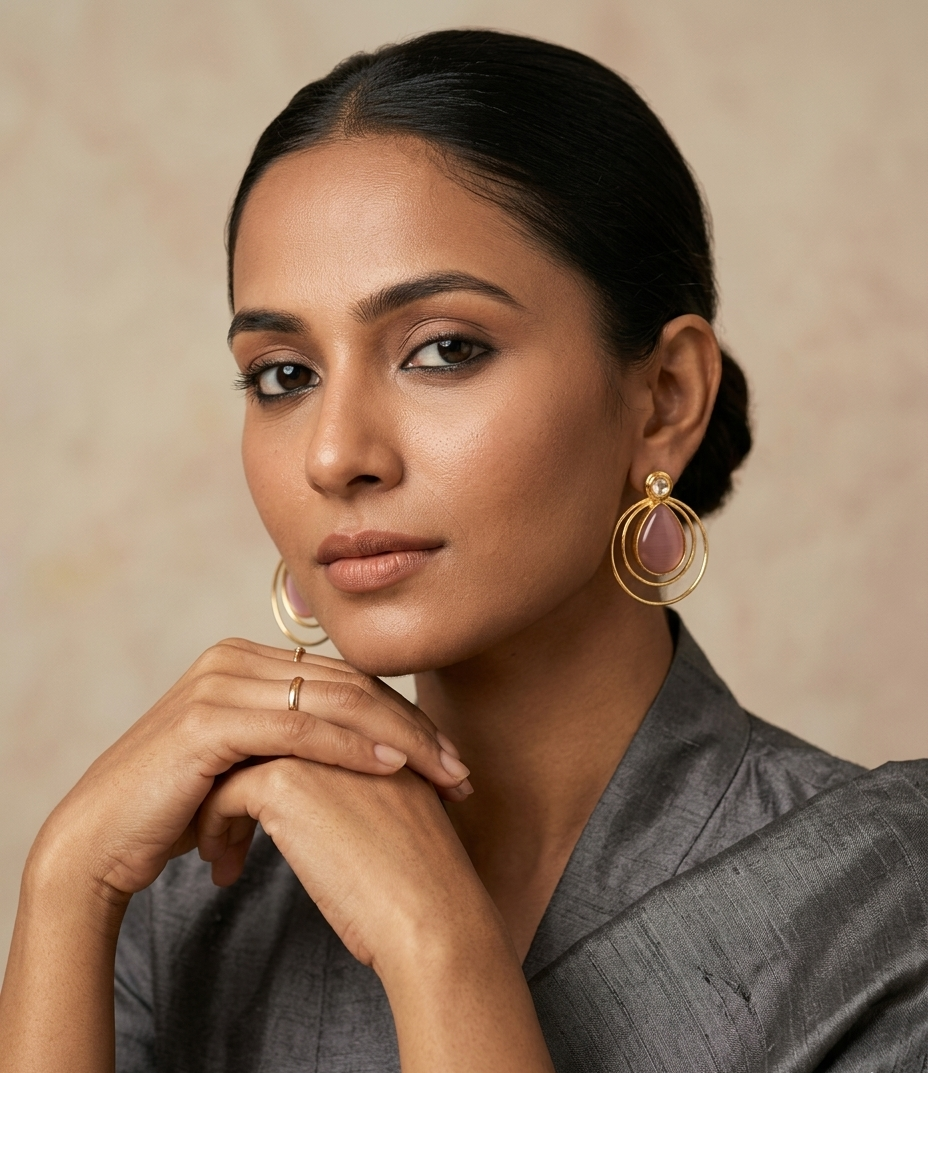 Pink Teardrop Stone Double Circle Gold Earrings for Women