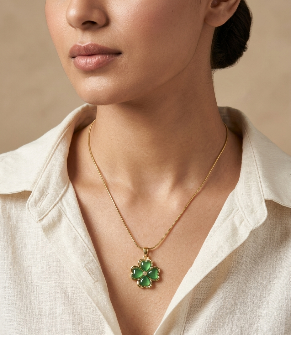 Golden Green Clover Pendant Necklace for Women