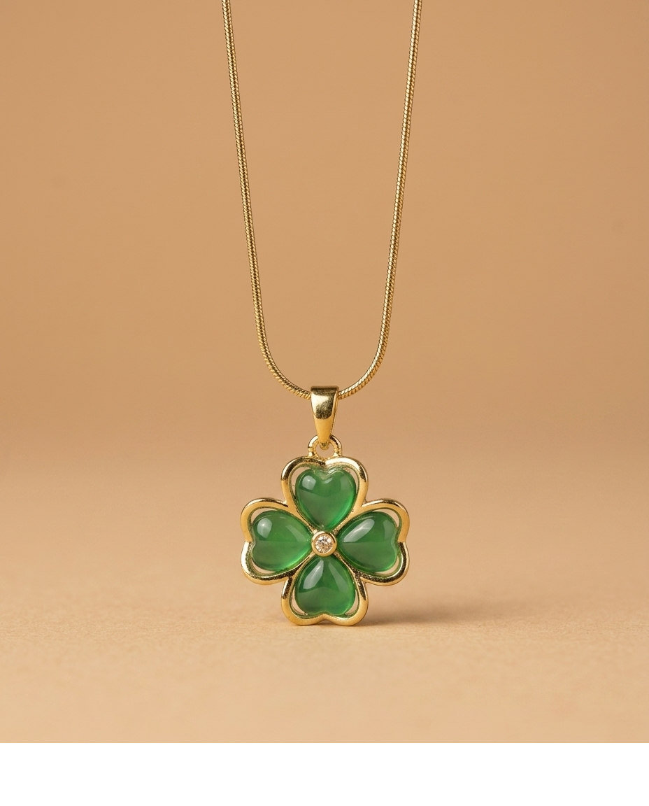 Golden Green Clover Pendant Necklace for Women