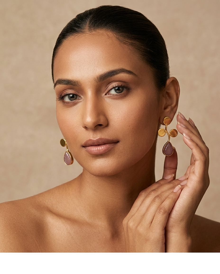 Pink Leaf Stone Gold Branch Drop Earrings for Women